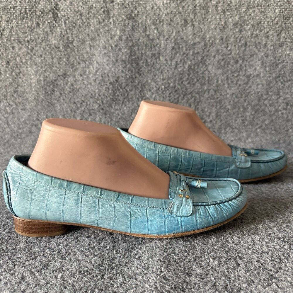 Stuart Weitzman Blue Croc-Embossed Leather Loafer Flat Bow Square Toe 9.5M